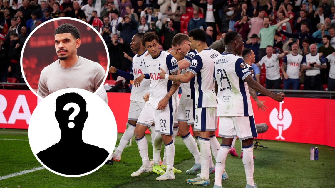 Tottenham Hotspur forward Brennan Johnson celebrates scoring in the Europa League final. Inset of Nottingham Forest forward Morgan Gibbs-White and ...
