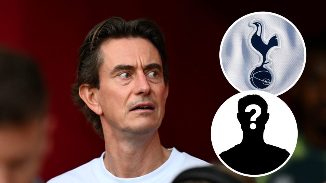 Tottenham Hotspur manager Thomas Frank ahead of Premier League match. Inset of Spurs badge and a mystery player.