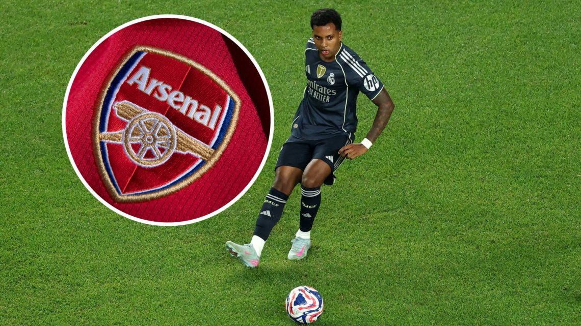 Rodrygo playing for Real Madrid at the FIFA Club World Cup, Arsenal badge inset