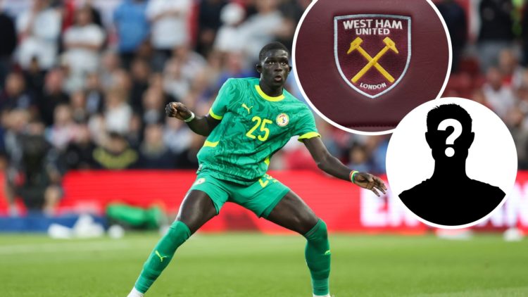 El Hadji Malick Diouf in action for Senegal against England, West Ham badge and mystery figure inset