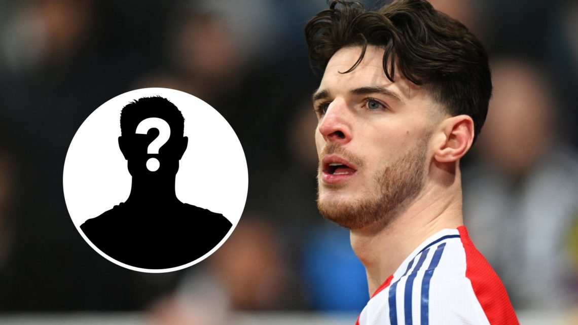 Declan Rice looks on during an Arsenal match with a question mark inserted.