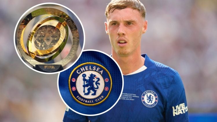 Cole Palmer looks on during the FIFA Club World Cup final between Chelsea and PSG, FIFA Club World Cup trophy and Chelsea badge inset