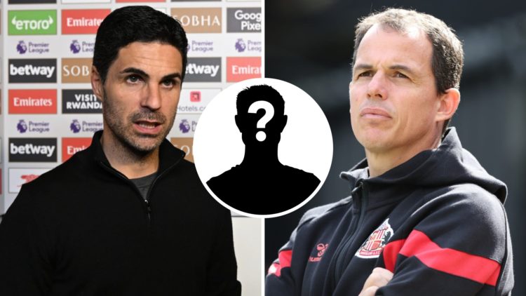 Split image of Arsenal manager Mikel Arteta (left) ahead of Premier League match and Sunderland manager Regis Le Bris (right) during friendly game....