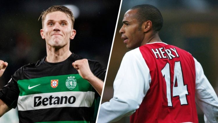 Viktor Gyokeres celebrates a goal for Sporting CP alongside Arsenal legend Thierry Henry wearing the number 14 shirt.