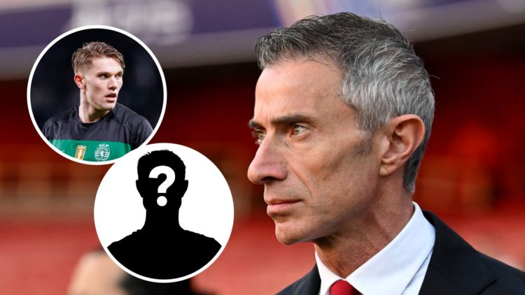 Arsenal sporting director Andrea Berta alongside Viktor Gyokeres and a question mark.
