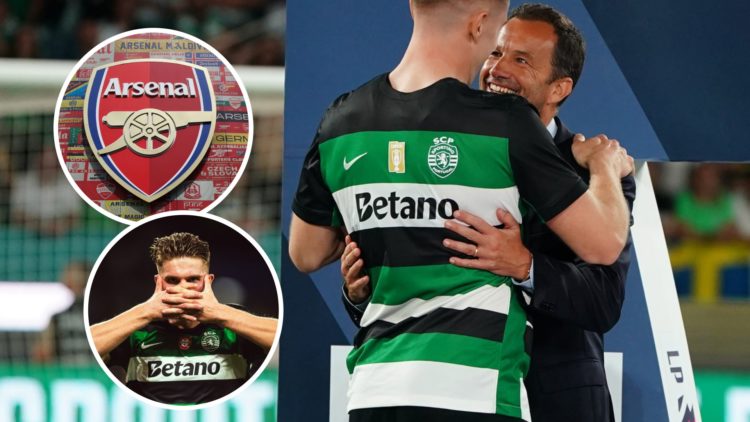 Sporting CP president Frederico Varandas embraces Viktor Gyokeres during title celebrations. Inset of Viktor Gyokeres and Arsenal badge.