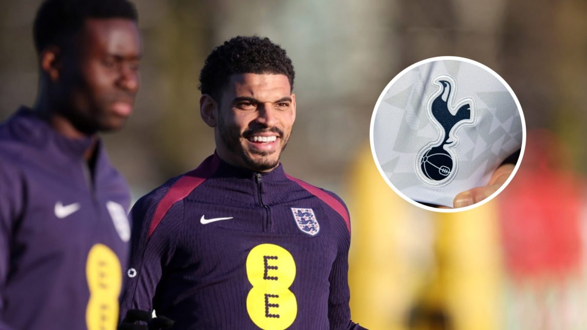 Nottingham Forest forward Morgan Gibbs-White during England training session. Inset of Tottenham Hotspur badge.