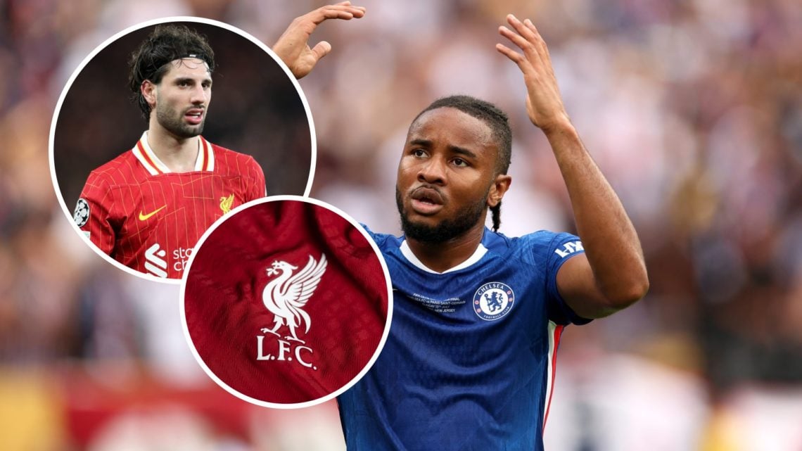 Christopher Nkunku during the FIFA Club World Cup final between Chelsea and PSG, Liverpool badge and Dominik Szoboszlai inset
