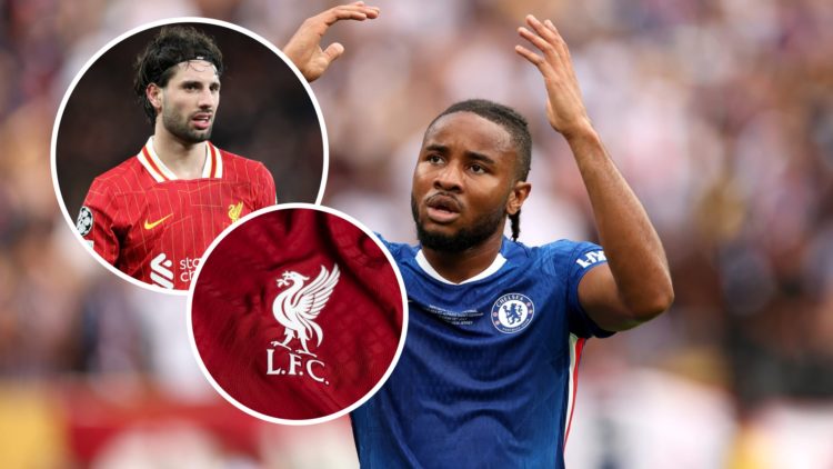 Christopher Nkunku during the FIFA Club World Cup final between Chelsea and PSG, Liverpool badge and Dominik Szoboszlai inset