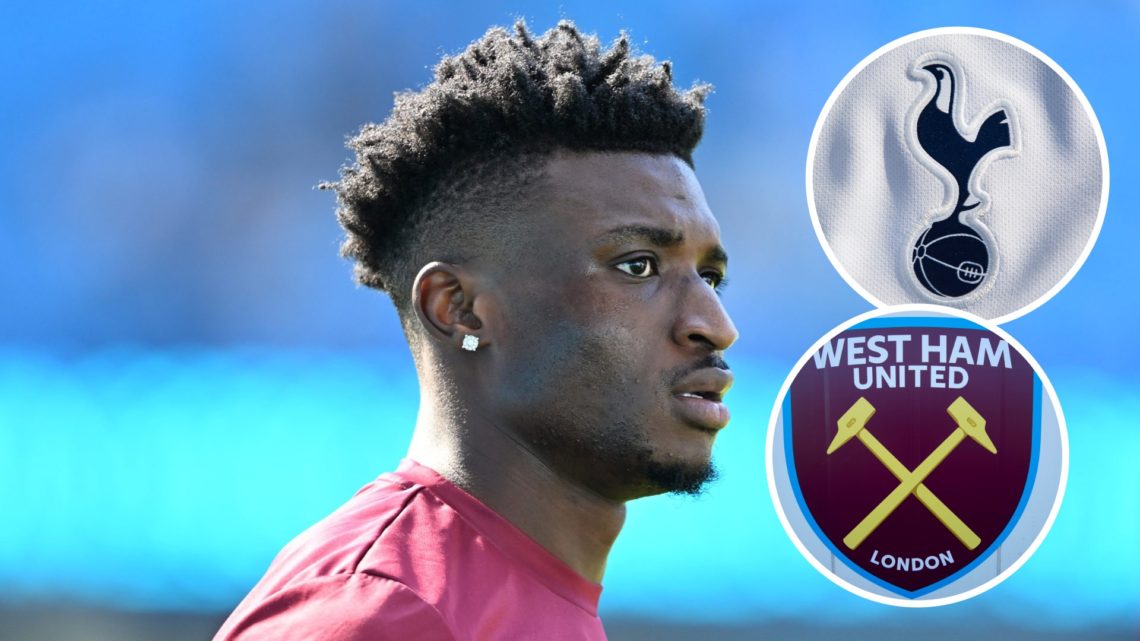 Mohammed Kudus ahead of Premier League match. Inset of Tottenham Hotspur badge and West Ham United badge.