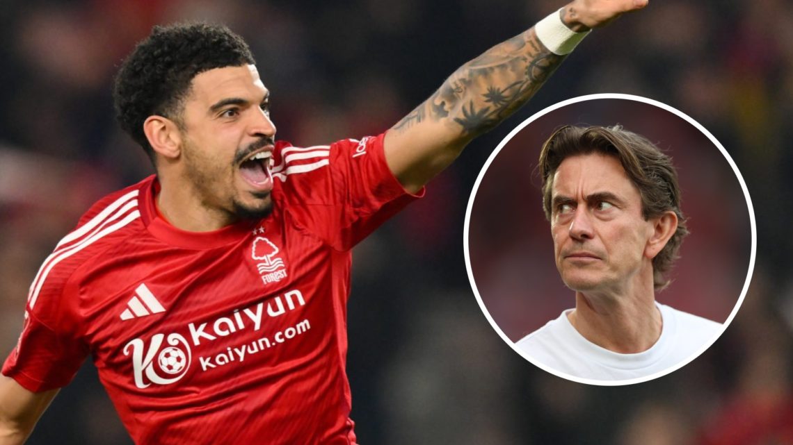 Morgan Gibbs-White celebrates for Nottingham Forest alongside new Tottenham boss Thomas Frank.