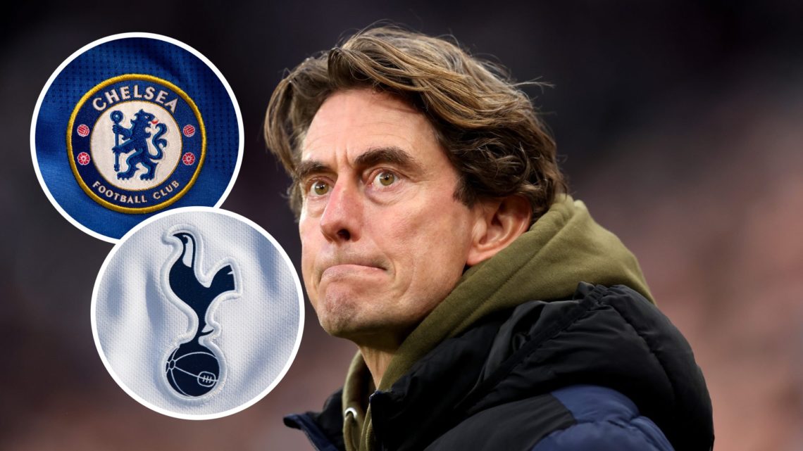 Thomas Frank looks on during the Premier League clash between Newcastle and Brentford, Chelsea badge and Tottenham badge inset