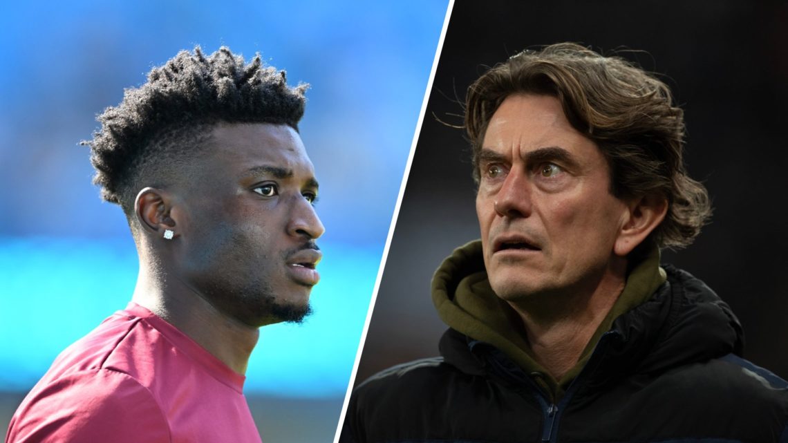 Split image Mohammed Kudus (left) in action for West Ham United and Tottenham manager Thomas Frank (right) ahead of Premier League match.