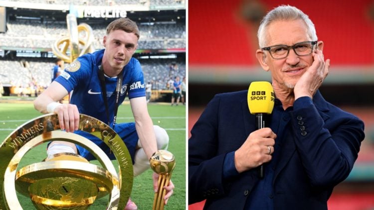 Cole Palmer with the FIFA Club World Cup trophy and adidas Golden Ball after Chelsea vs Paris Saint-Germain. Gary Lineker looks on during the FA Cu...