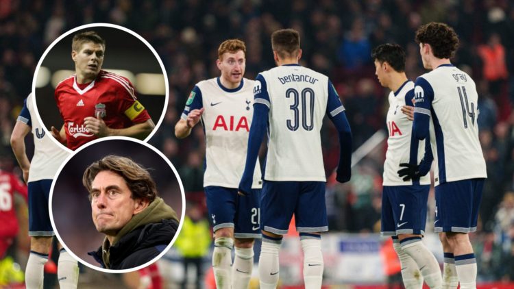 Tottenham Hotspur players, including Archie Gray, are furious after Liverpool's goal. Inset of new Spurs manager Thomas Frank and Steven Gerrard.