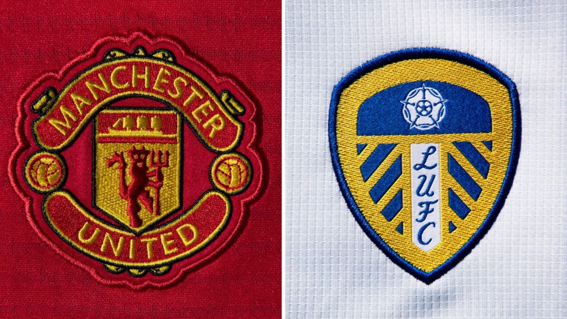 Split image of the Manchester United badge and the Leeds United badge