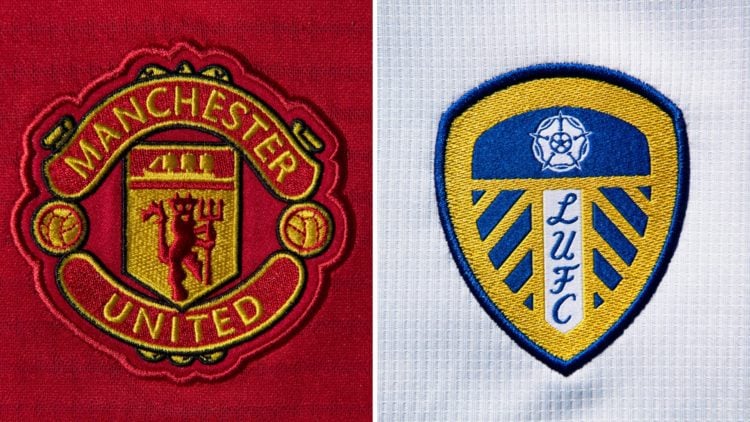 Split image of the Manchester United badge and the Leeds United badge