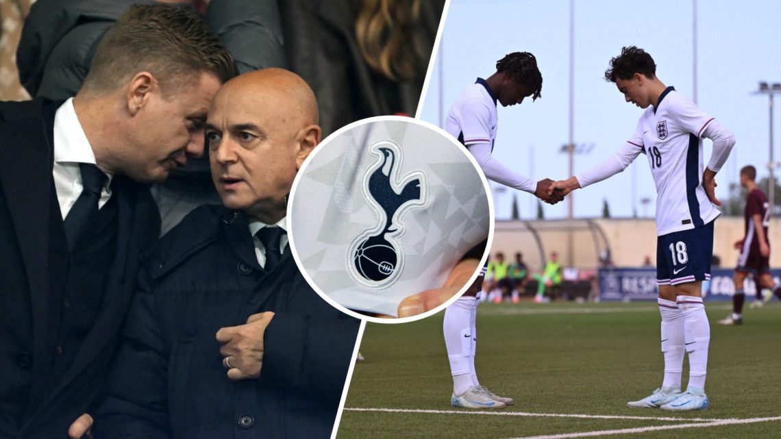 Split image of Tottenham Hotspur sporting director Johan Lange with Daniel Levy (left) and Spurs U-18 star Luca Williams-Barnett (right) during Eng...