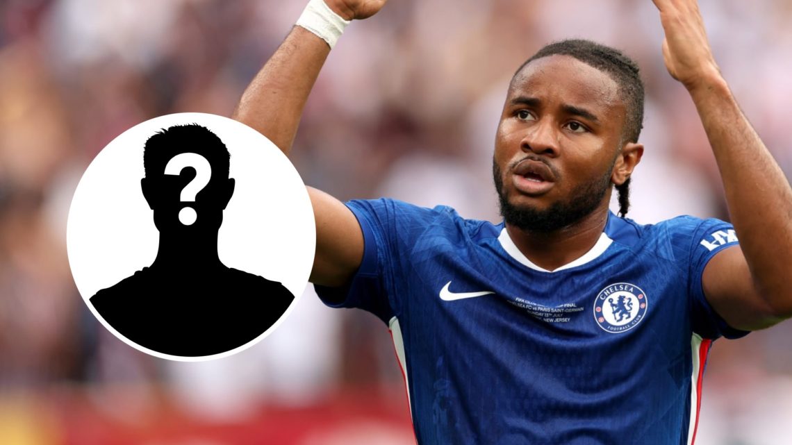 Christopher Nkunku puts his hands up during a Chelsea game at the Club World Cup. Inset, question mark.