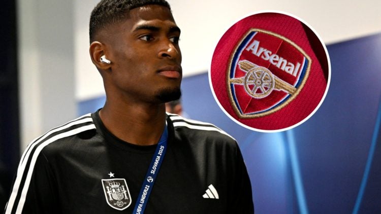 Cristhian Mosquera before a Spain U21 clash, Arsenal badge inset