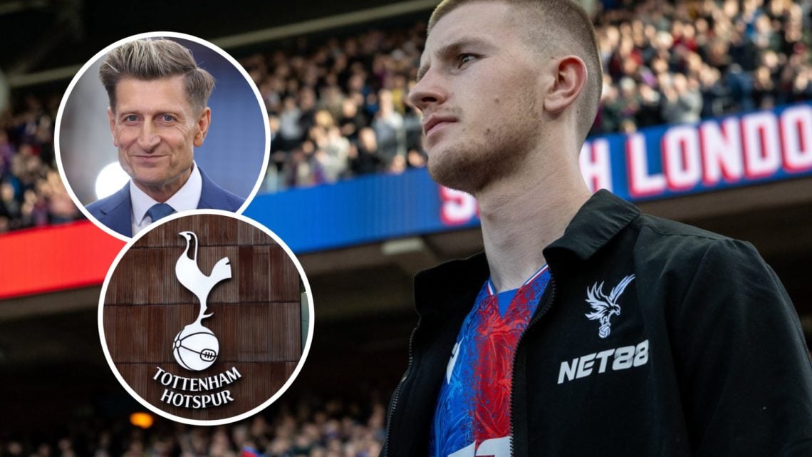 Crystal Palace midfielder Adam Wharton ahead of Premier League match. Inset of Palace chairman Steve Parish and Tottenham Hotspur badge.