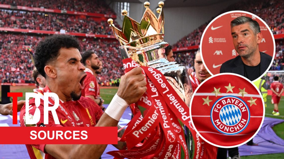 Liverpool forward Luis Diaz with the Premier League title. Inset of Bayern Munich badge and sporting director Richard Hughes.
