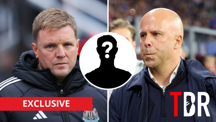 Split image of Newcastle United manager Eddie Howe and Liverpool manager Arne Slot with inset of mystery silhouette