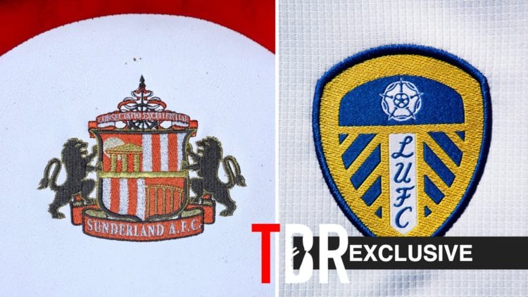 Split image of Sunderland badge and Leeds badge, TBR exclusive tag inset