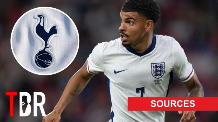 Nottingham Forest midfielder Morgan Gibbs-White in action for England. Inset of Tottenham Hotspur badge.