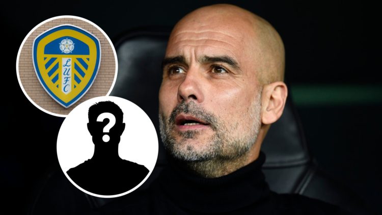 Manchester City manager Pep Guardiola with inset of Leeds United badge and mystery silhouette