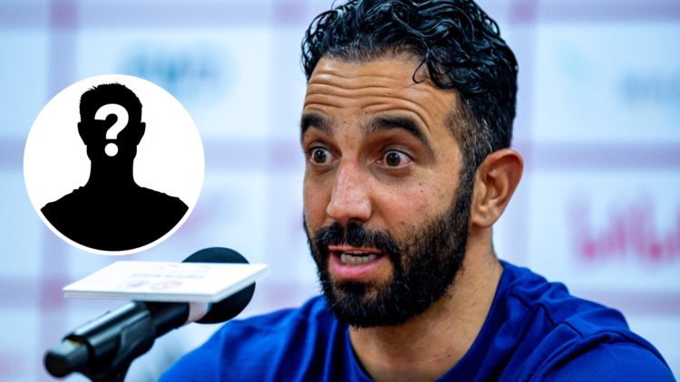 Image of Manchester United manager Ruben Amorim looking surprised during a press conference with an inset of a mystery player
