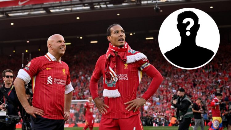 Liverpool manager Arne Slot and Virgil van Dijk during Premier League title celebrations. Inset of a mystery player.