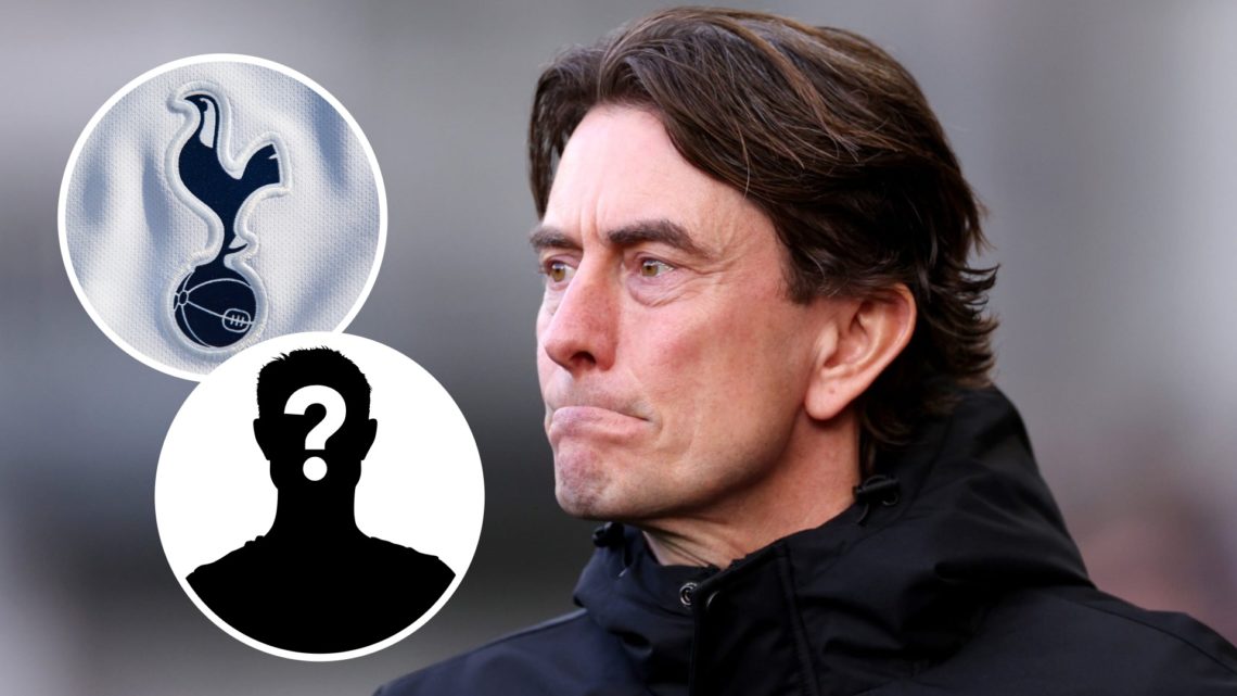 Tottenham Hotspur manager Thomas Frank during Premier League match. Inset of Spurs badge and a mystery player.
