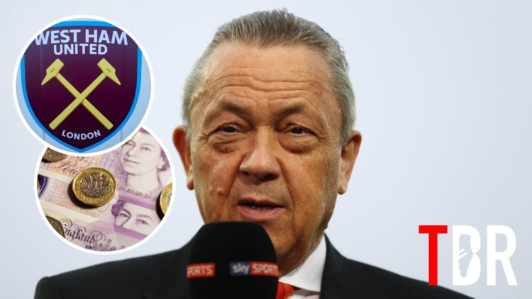 West Ham chairman David Sullivan with insets of West Ham badge and English currency