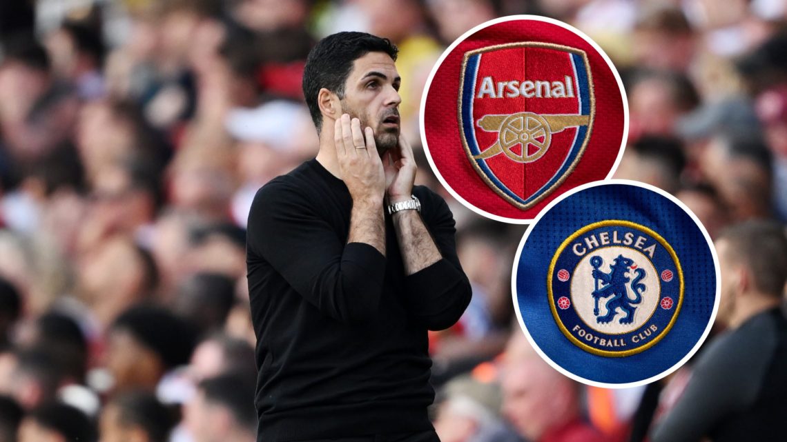 Mikel Arteta dejected during a Premier League clash between Arsenal and Everton, Chelsea badge and Arsenal badge inset
