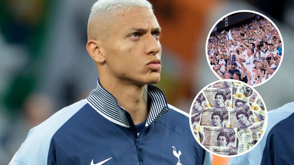 Tottenham Hotspur forward Richarlison ahead of Europa League match. Inset of Spurs fans in Bilbao and £20 notes.