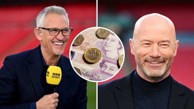 Split image of Gary Lineker and Alan Shearer working for the BBC, English money inset