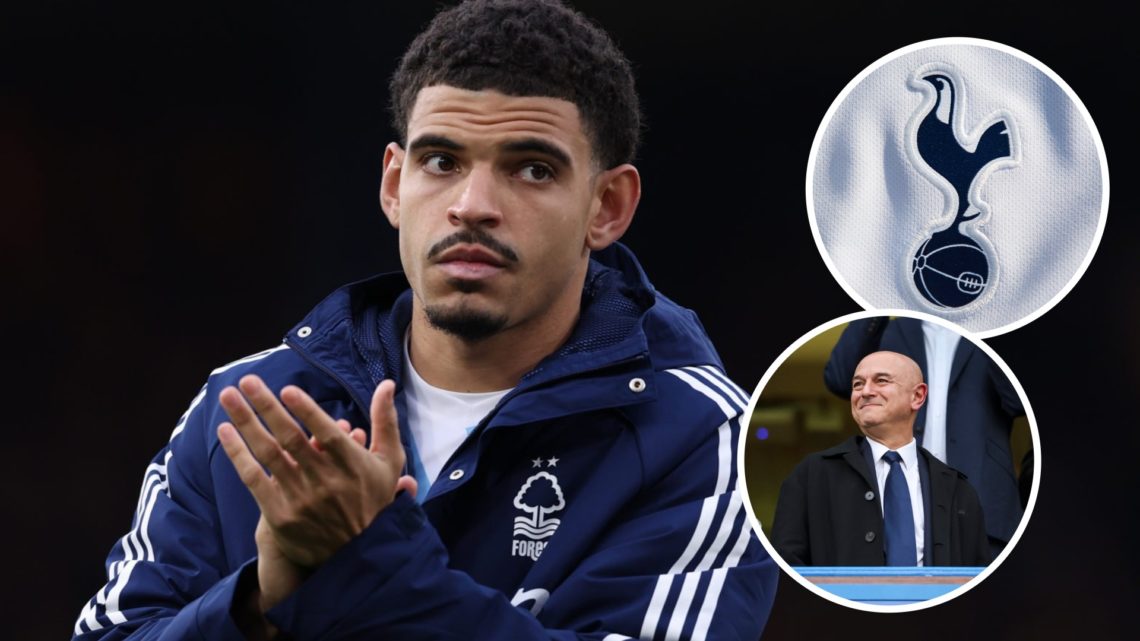 Nottingham Forest midfielder Morgan Gibbs-White after Premier League match. Inset of Tottenham Hotspur chairman Daniel Levy and Spurs badge.