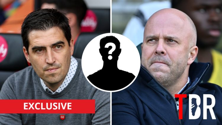 Split image of Bournemouth manager Andoni Iraola and Liverpool manager Arne Slot with inset of mystery silhouette