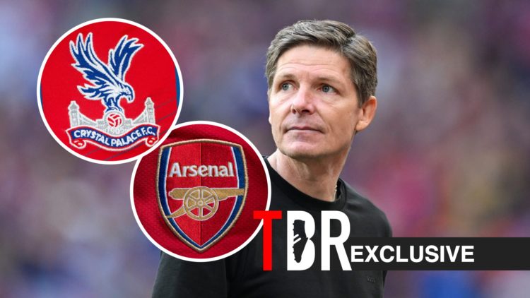 Oliver Glasner at the 2025 FA Cup semi-final, Arsenal badge, Crystal Palace badge, TBR logo and exclusive tag inset