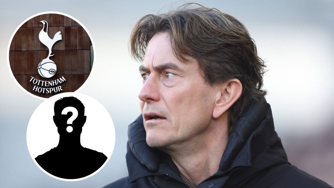 Tottenham Hotspur manager Thomas Frank ahead of Premier League match. Inset of Spurs badge and a mystery player.