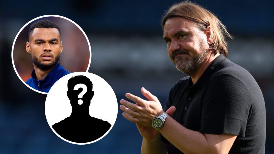 Leeds boss Daniel Farke applauds fans alongside an inset of Cody Gakpo and a question mark.