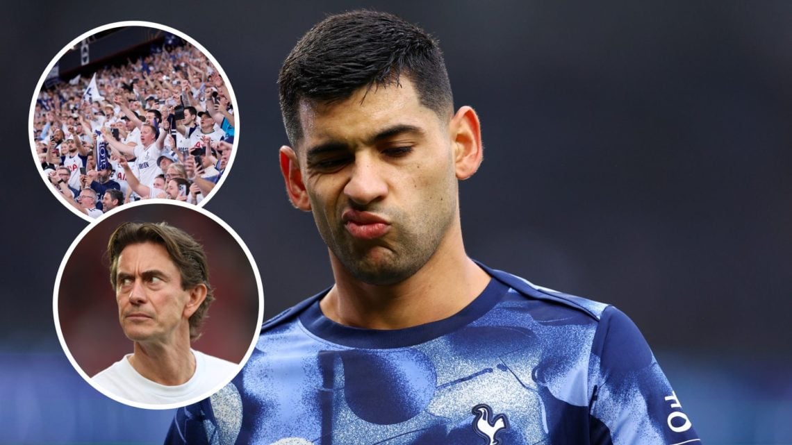 Tottenham Hotspur defender Cristian Romero ahead of Europa League match. Inset of Spurs manager Thomas Frank and Tottenham fans during Europa Leagu...