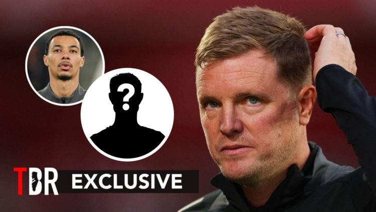 Newcastle boss Eddie Howe looks on with an inset of Hugo Ekitike and a question mark.