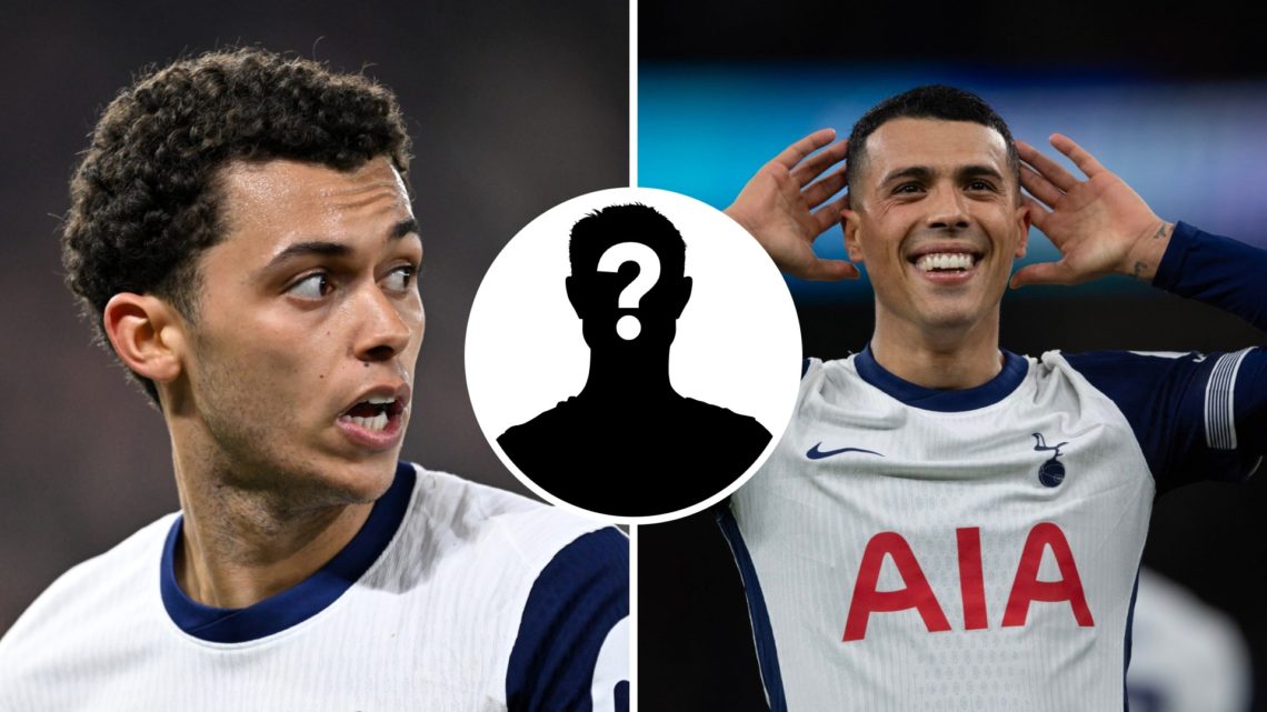 Split image of Tottenham Hotspur's Brennan Johnson (left) during Europa League match and Pedro Porro (right) celebrating goal. Inset of a mystery p...