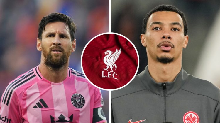 Split image of Lionel Messi and Hugo Ekitike, Liverpool badge inset
