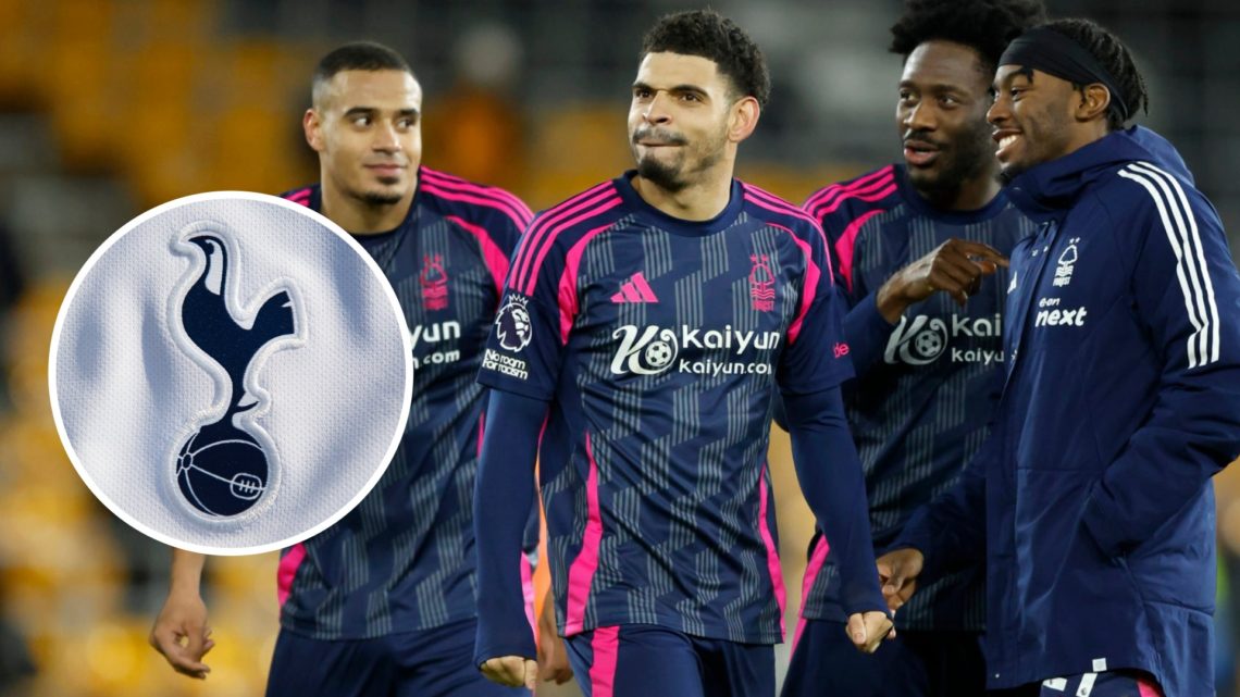 Nottingham Forest players, including Morgan Gibbs-White, joke after winning at Wolves. Inset of Tottenham Hotspur badge.