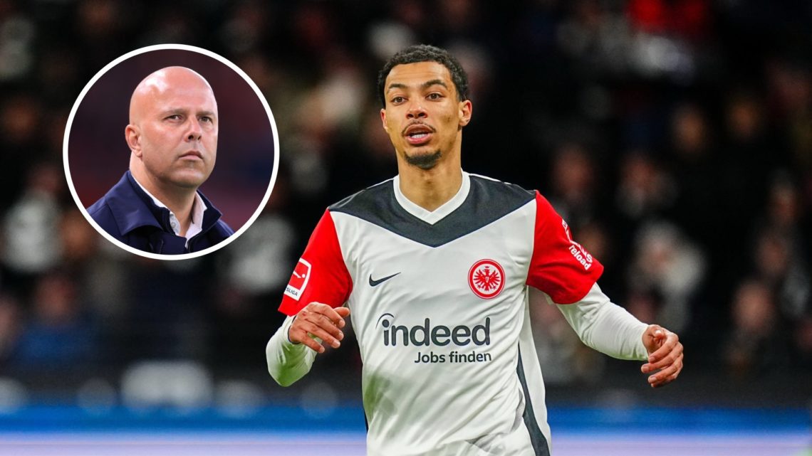 Eintracht Frankfurt striker Hugo Ekitike with inset of Liverpool manager Arne Slot