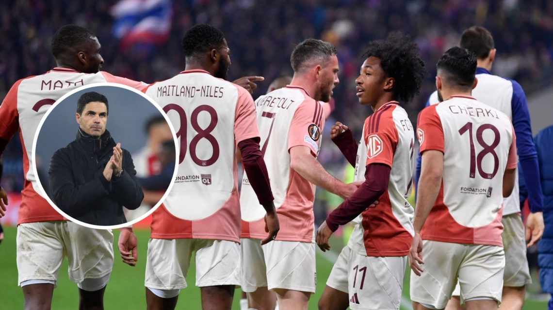 Lyon players celebrating a Malick Fofana goal with inset of Arsenal manager Mikel Arteta