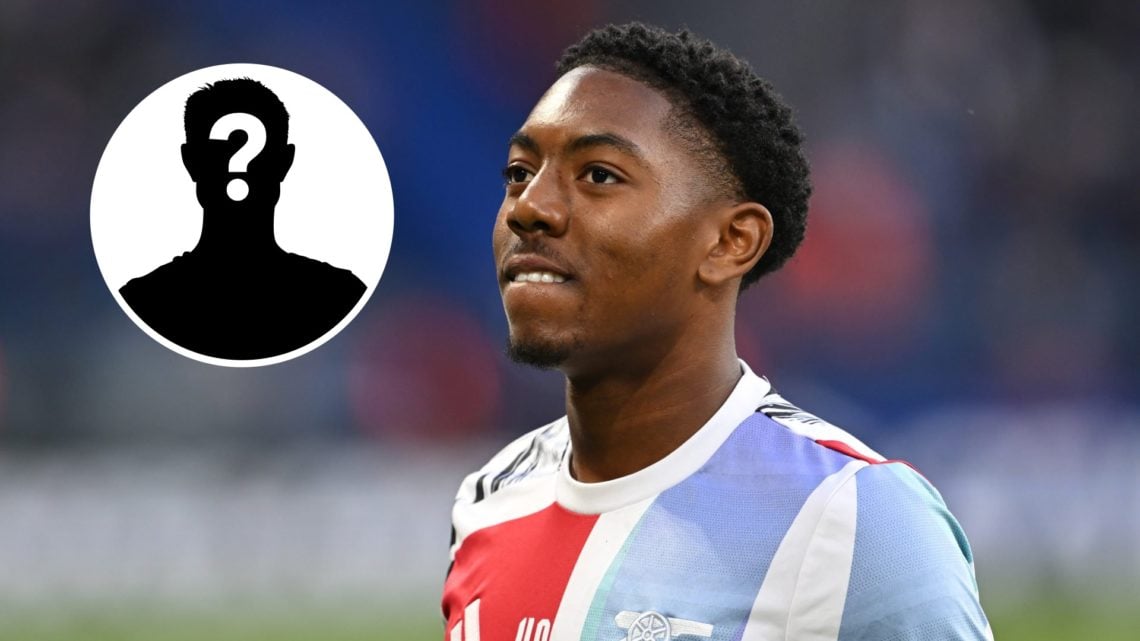 Arsenal defender Myles Lewis-Skelly with inset of mystery silhouette